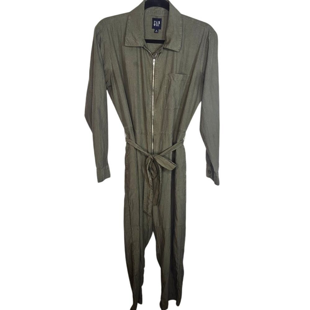 Gap Army Green Long Sleeve Zip Front Romper Tie Waist Jumpsuit‎ Women's Size 10